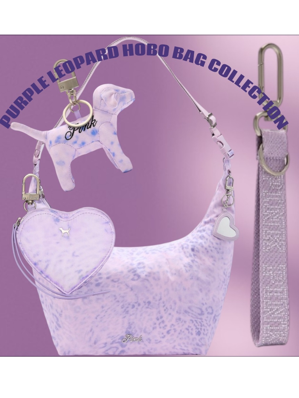 PINK SATIN PURPLE LEOPARD Nylon Hobo Bag 4 Piece Bundle